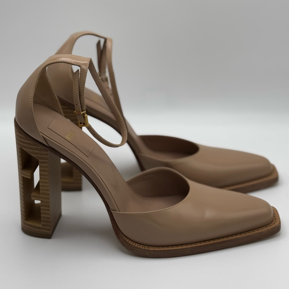 Fendi Beige Leather Zucca FF Logo Ankle Strap Pumps 38